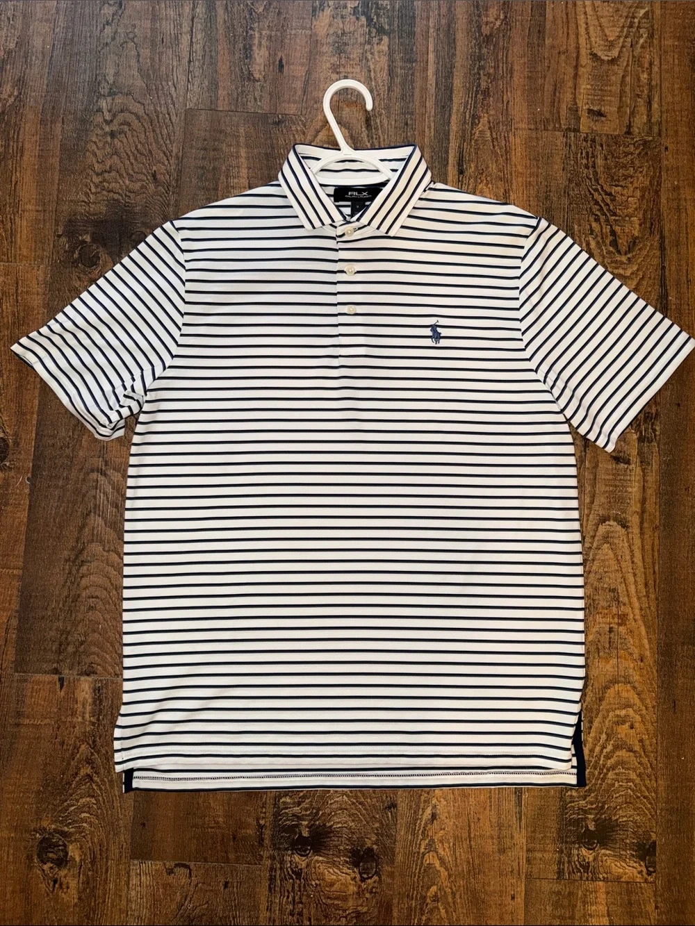 2026 Ralph Lauren RLX Striped Performance Polo (White/Navy) - Size M